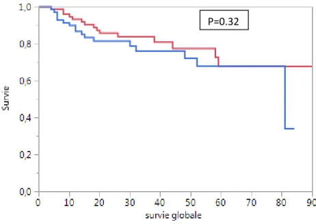 Fig. 4. Courbes de survie globale. Groupe 1 en rouge, groupe 2 en bleu 