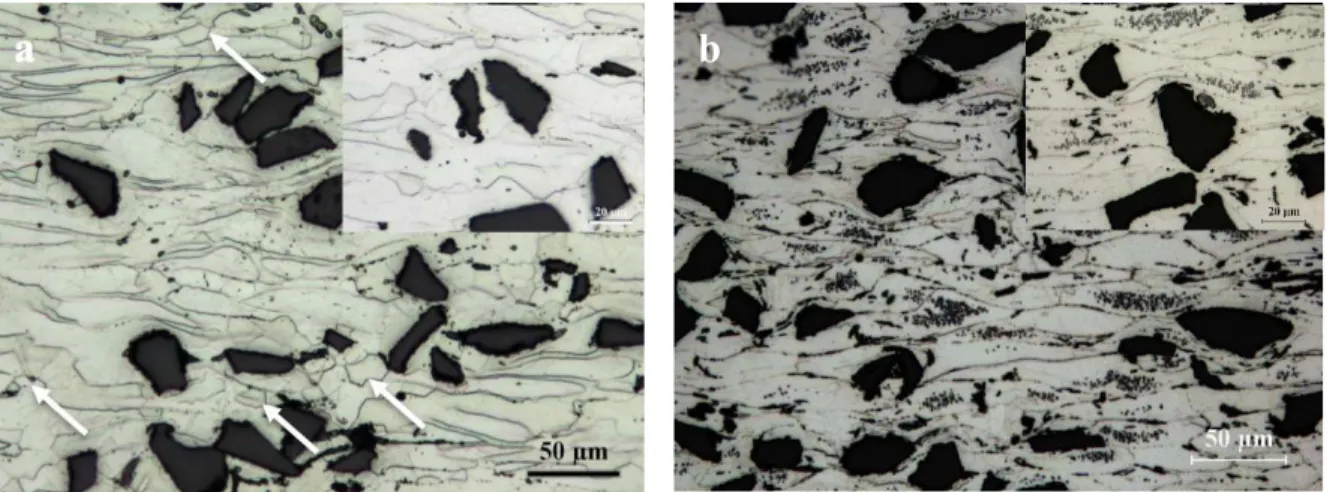 Fig. 8. Optical microstructures deformed at 500 ºC and 1 s -1  with a true strain of 0.8: (a) the base  composite and (b) SZ40 composite