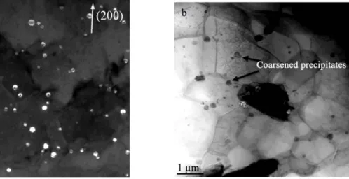 Fig. 4.  Dark-field TEM images of the coarse precipitates in SZ40 (a) and STEM image of many  coarse precipitates on the grain and subgrain boundaries (b)