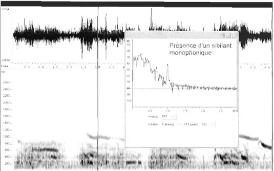 Fig ure  1.2:  S ection  d'Il  spectrogmrnm e  li 'un  son  respiratoire  cont enant  '/ln  s' ibilant  'II/,ono - -phoni que  en  'lLtihsant  le  logiciel  WaveSll'Ifc'{'  (26J, 
