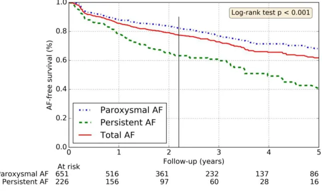 Figure 2: Rates of freedom from AF after last ablation attempt      Thin vertical line: median follow-up time 