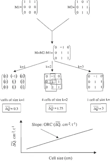 Figure 2  : Diagramme schématique,  expliquant la méthode de Gilbert et al.  (2003), basé  sur  une  matrice  simple  théorique  3  x  3  et  illustrant  le  calcul  du  taux  de  remaniement  optique (ORC)