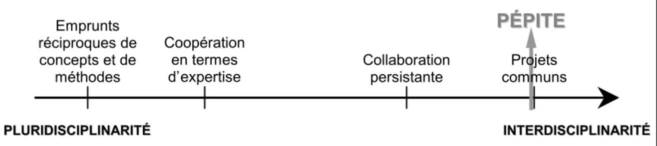 Figure   1-14 : Différents types de travaux placés sur une échelle pluridisciplinarité /  interdisciplinarité