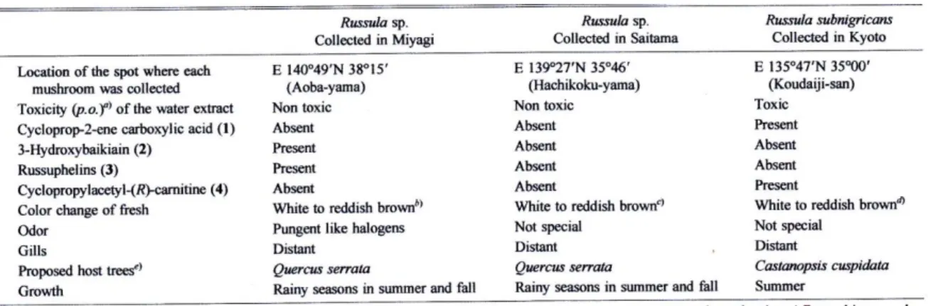 Tableau 7 : Comparaison des données pour Russula subnigricans et Russula ssp. 