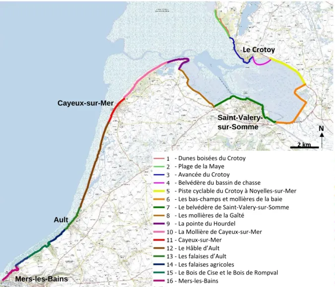 Figure 10 Découpage du sentier littoral en 16 tronçons, © M. Merat, 2019