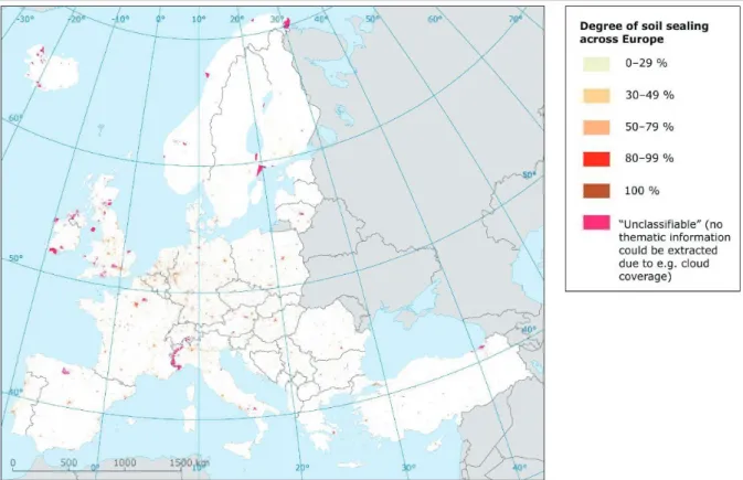 Figure 4. Degree of soil sealing accross Europe (European commission, 2012).