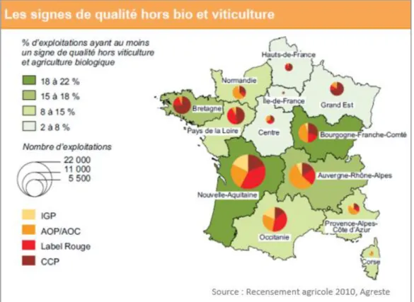 Figure 15 : Répartition géographique des productions sous SIQO en France, en 2010 (Joseph et al., 2018) 