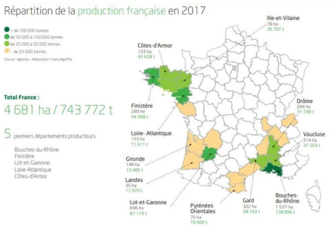 Figure  1  Répartition  de  la  production  française  de  tomate  en  2017.  Source :  Chiffres  clés  2017  Fruits  &amp;  légumes  frais  et  transformés