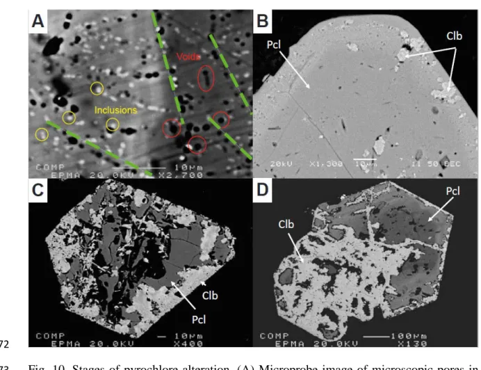 Fig.  10.  Stages of pyrochlore alteration. (A)  Microprobe image of microscopic pores in  773 