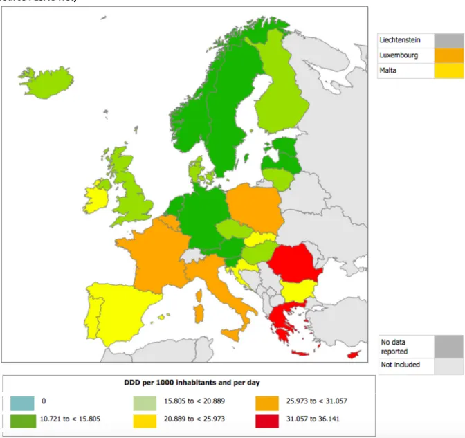 Figure  2  :  Consommation  des  antibiotiques  en  ville  (secteur  des  soins  primaires)  en  Europe,  année  2015  (Source : ESAC-Net)  