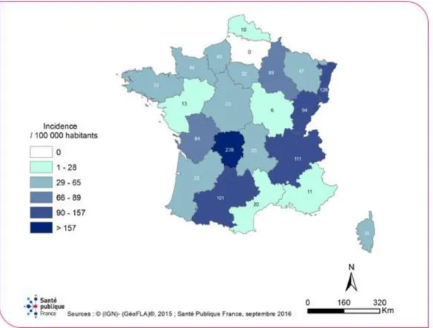 Figure 5: Estimation du taux d’incidence annuel moyen de la Borréliose de Lyme par région en France  entre 2011 et 2015