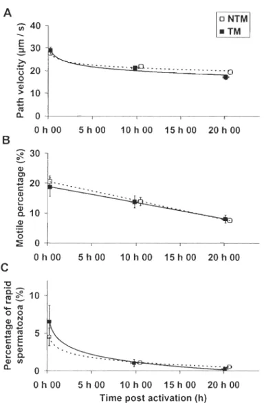 FIG.  3.  Mean (±  SD) of A spenn path velo city (VAP),  B percentage ofmotile spenn (MOT)  and C  percentage ofrapid spenn (RAP) at different time post activation for territorial males 