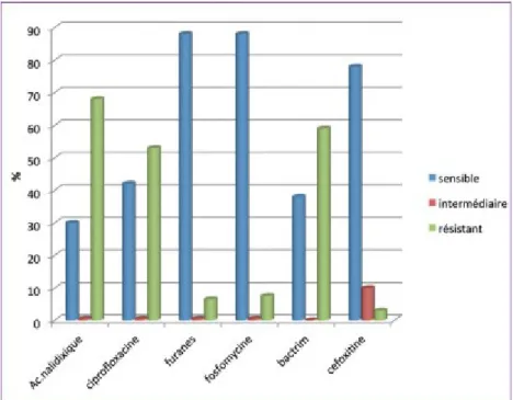 Figure 1 : Sensibilité aux familles d'antibiotiques utilisées pour le traitement des infections urinaires  au sein des 3,8% d'E