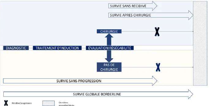 Figure 5 : résumé de la prise en charge des patients et des critères de jugement secondaires 