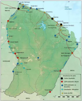 Figure 1 : Répartition de l'offre de soins en Guyane Française (CDPS : Centres départementaux de prévention et de santé)  Crédit : Pôle des centres délocalisés de prévention et de soins (CDPS), Centre Hospitalier de Cayenne, Guyane Française  