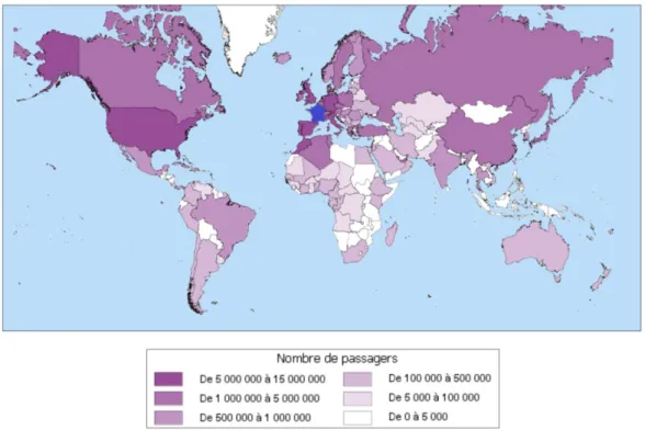 Figure 2 Volume du trafic de passagers des aéroports français à l'international  (DGAC - Bulletin statistique trafic aérien commercial année 2017) 