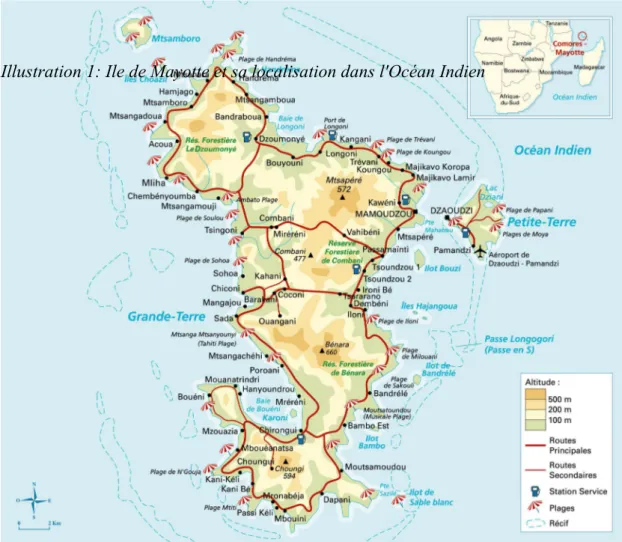 Figure 1: Carte de Mayotte et sa localisation  dans l'Océan Indien Illustration 1: Ile de Mayotte et sa localisation dans l'Océan Indien