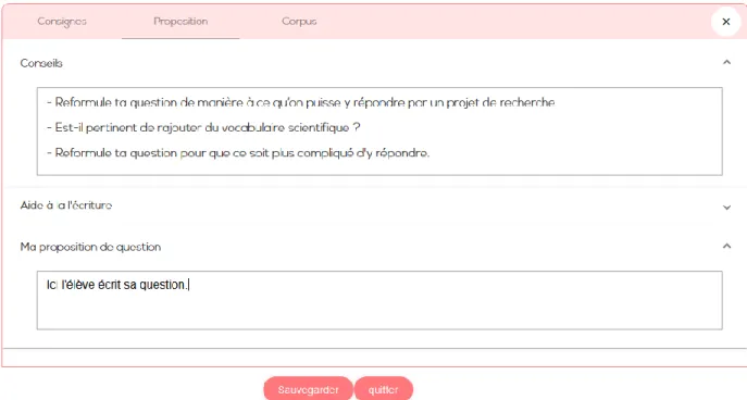 Figure 1 : Capture d’écran d’un des modules du CNEC, le Brouillon de recherche, visant à aider  les élèves de l’école primaire et du collège à formuler des questions de recherche