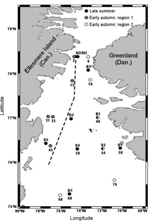 Fig. 1. Location of the sampling stations in the North Water in late summer and early  autumn