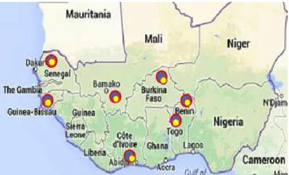 Figure 5 : Cartographie du réseau des centres cliniques VIH collaboration IeDEA Afrique de l'Ouest (Source : rapport IeDEA