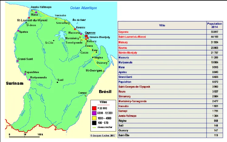 Figure II : carte de la Guyane, répartition de la population guyanaise dans les villes en 2014 