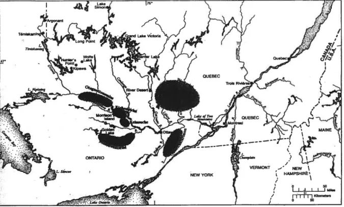 FIG. 3 — BANDS 0F THE OTTAWA VALLEY IN THE iuy 17TH CENTURY AND ALGONQUIN RESERVES IN 1970, PAR G0RD0N DAY Eu BRUCE TRIGGER, 197$.