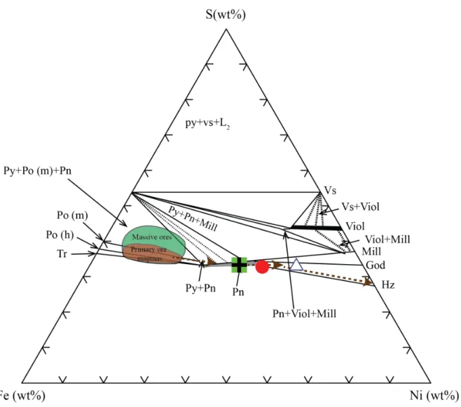 Figure 2.9.:  Diagramme  de  phase  Fe-Ni-S  pour  T  &lt;  350 °C,  modifié  d’après  Craig  et  Kullerud (1969); Craig (1973); Hill (1984)