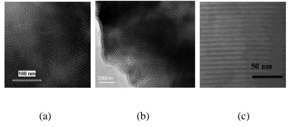 Figure 2.12: TEM images of particles prepared by CMKs-template (a) hexagonal  mesoporous MgO, (b) RMM-1 with cubic crystal system, (c) RMM-3 with the hexagonal 