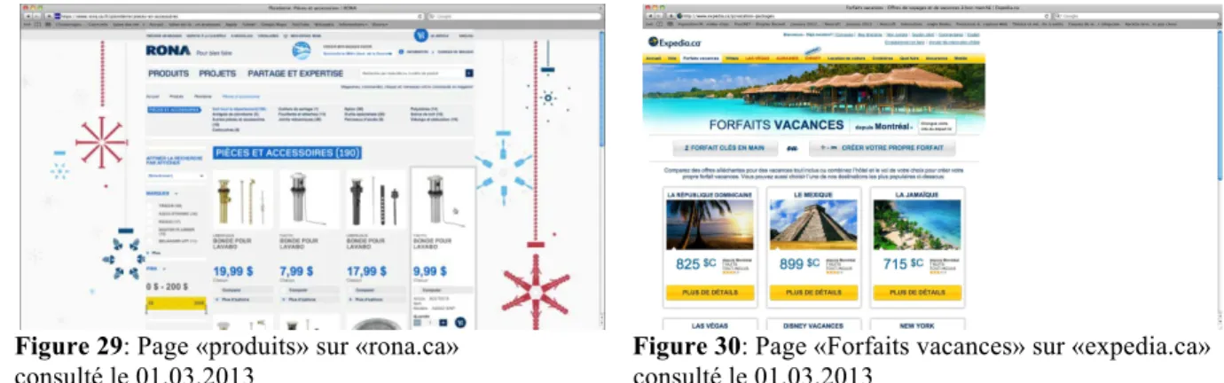 Figure 29: Page «produits» sur «rona.ca»                          Figure 30: Page «Forfaits vacances» sur «expedia.ca»      