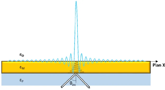 Figure 2 : Champ électrique évanescent causé par l’excitation des plasmons de  surface excitée par un faisceau lumineux en réfraction totale interne, selon la 