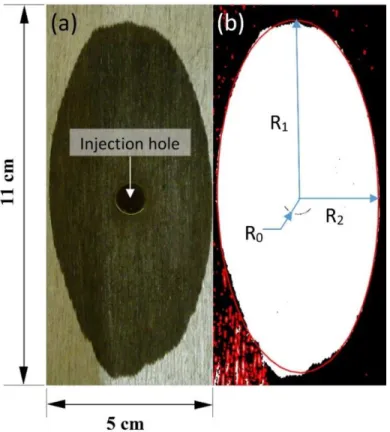 Figure 3-23. Procedure of flow front detection: (a) extracted photo with known physical  dimensions (b) treated photo using the Matlab code A