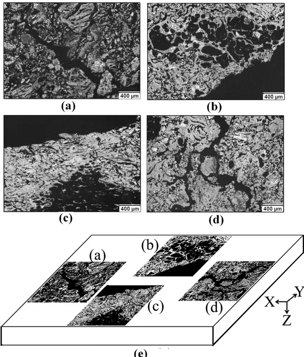 Figure 3: Images that represent the three regions of the surface crack shown in Figure 1: (a) End 1, (b  and c) Middle, (d) End 2, and (e) positions of the surface cracks (a) to (d) on the sample surface 