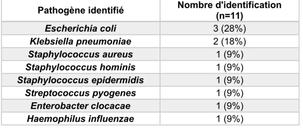 Tableau 4. Identification des pathogènes identifiés dans la cohorte