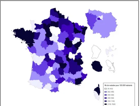 Figure  1.  Prévalence  de  la  mucoviscidose  par  département  en  France.  Source :  Registre  français  de  la  mucoviscidose 2013 