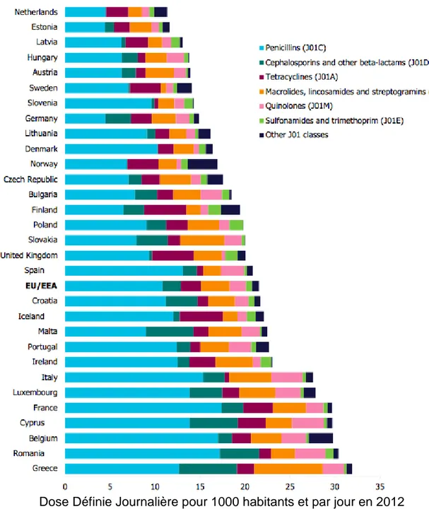 Figure  11 :  Consommation  des  antibiotiques  à  usage  systémique  par  classe  d’antibiotique dans 29 états membres de l’union européenne en 2012