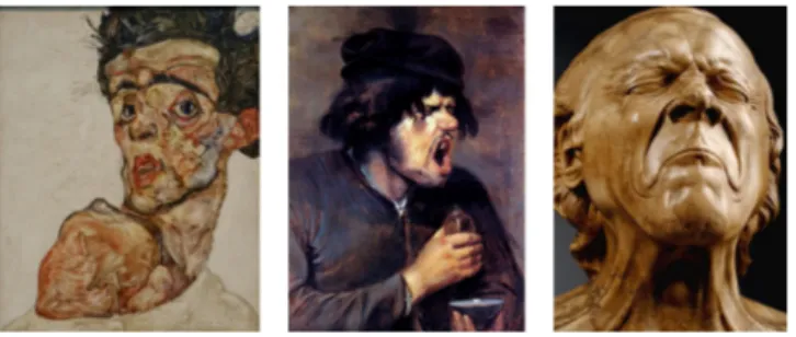 Figure 2 – Repr´ esentations des expressions faciales r´ ea- ea-listes. ` A gauche “Autoportrait avec l’´ epaule nue soulev´ ee, Egon Schiele”