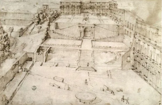 Figure 4: Plan de la cortile des Belvederes selon Bramante. Auteur : Giovanni Antonio Dosio ,Web Gallery of Art,  Domaine public 