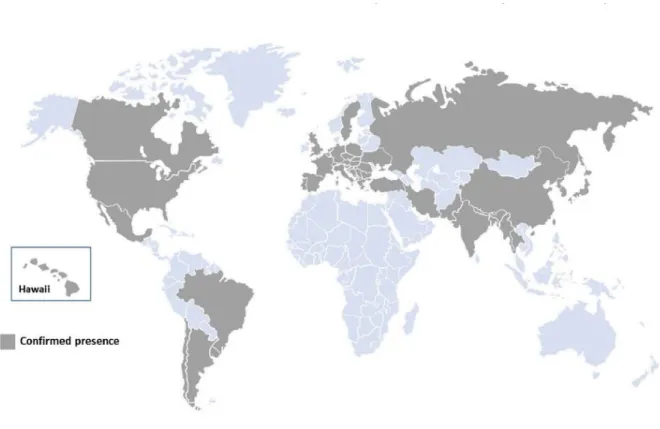 Figure 2: Présence de D. suzukii en Europe de 2008 à 2010 et probabilité du point de départ de sa dispersion par 