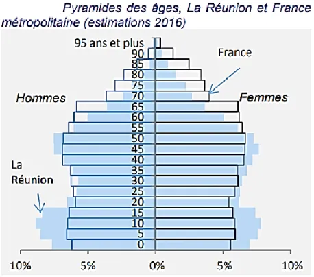Figure 1 : Pyramide des âges, La Réunion et France métropolitaine  (estimations 2016) 