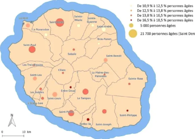 Figure 2 : Part des personnes âgées par commune à la Réunion 