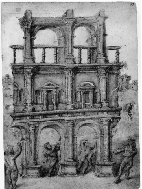 Figure 20.5  Amico Aspertini, Elevation of the Belvedere Courtyard Seen as a Ruin, black  chalk with brown wash, heightened with white (mostly discolored), c.1530–40