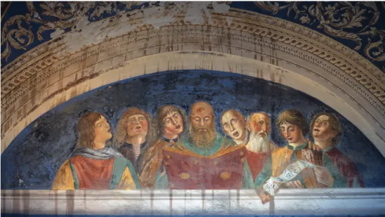 Figure 20.1  Bernardo Pinturicchio and Pier Matteo d’Amelia(?), Group of Singers, fresco,  c.1486–92, Loggia of Innocent VIII, Villa Belvedere, Vatican City