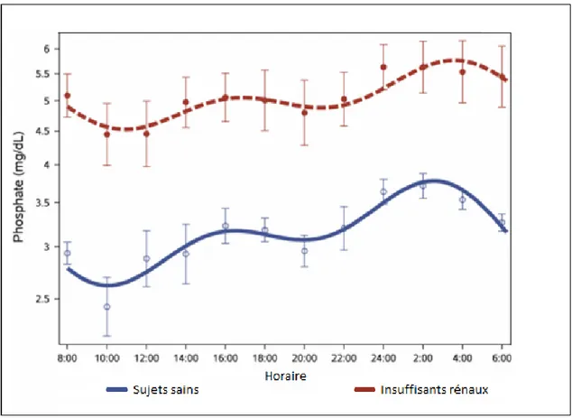 Figure 6. Variations nycthémérales de la phosphorémie chez le sujet sain et chez l’insuffisant  rénal d’après Trivedi et al