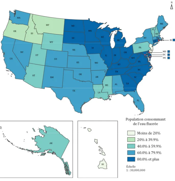 Figure 8. Pourcentage de la population consommant de l’eau fluorée aux États-Unis, par État, 2012   (Données : CDC, 2013a) 