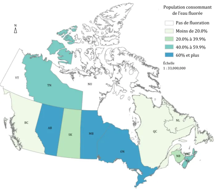 Figure 9. Pourcentage de la population consommant de l’eau fluorée au Canada, par province, 2007   (Données : Rabb-Waytowich, 2009) 