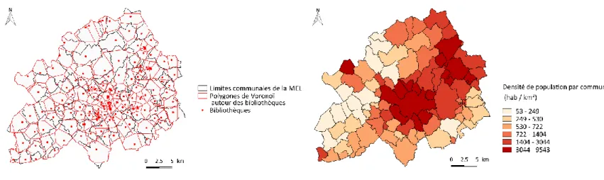 Figure 2: Répartition géographique des bibliothèques et densité de population sur le territoire de la MEL 