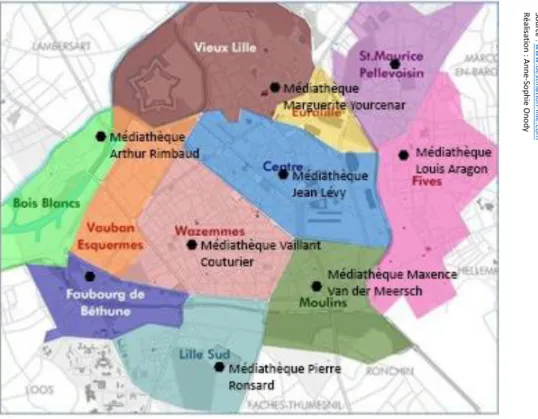 Figure 4: Plan des quartiers de Lille et localisation des bibliothèques municipales du réseau 