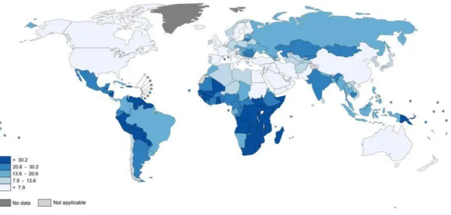 Figure 1.  Incidence du cancer du col utérin par pays en 2012 (taux d’incidence  standardisé pour 100000 femmes) Source : OMS, 2015 