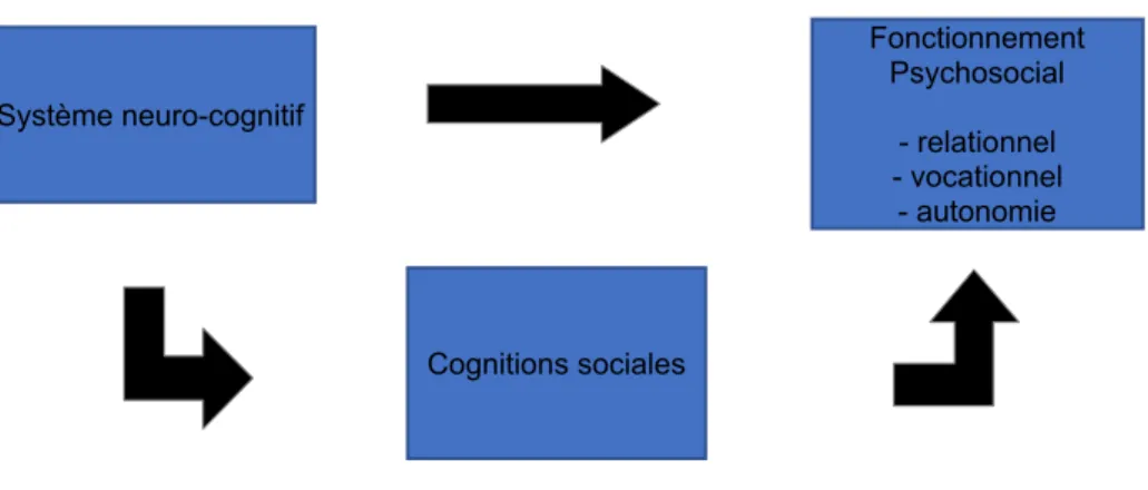 Figure 5. Liens entre neurocognition, cognition sociale et retentissement fonctionnel.