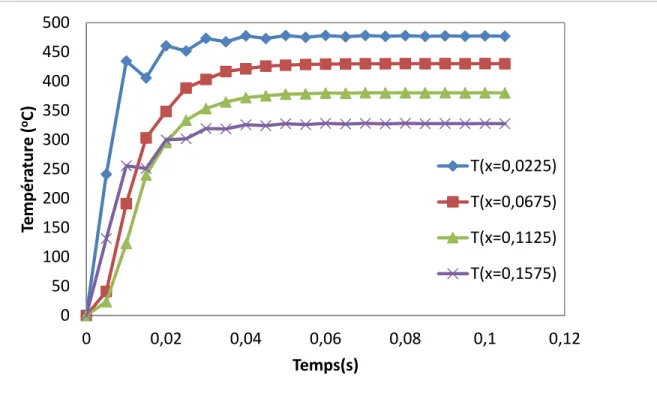 Figure 4-12 : Évolution de la température pour différentes valeurs de x  4.3.11.2 Validation 2 : Code FEMMOD Couplage conduction-radiation 